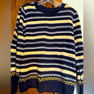 LOFT pointelle navy and gold striped sweater